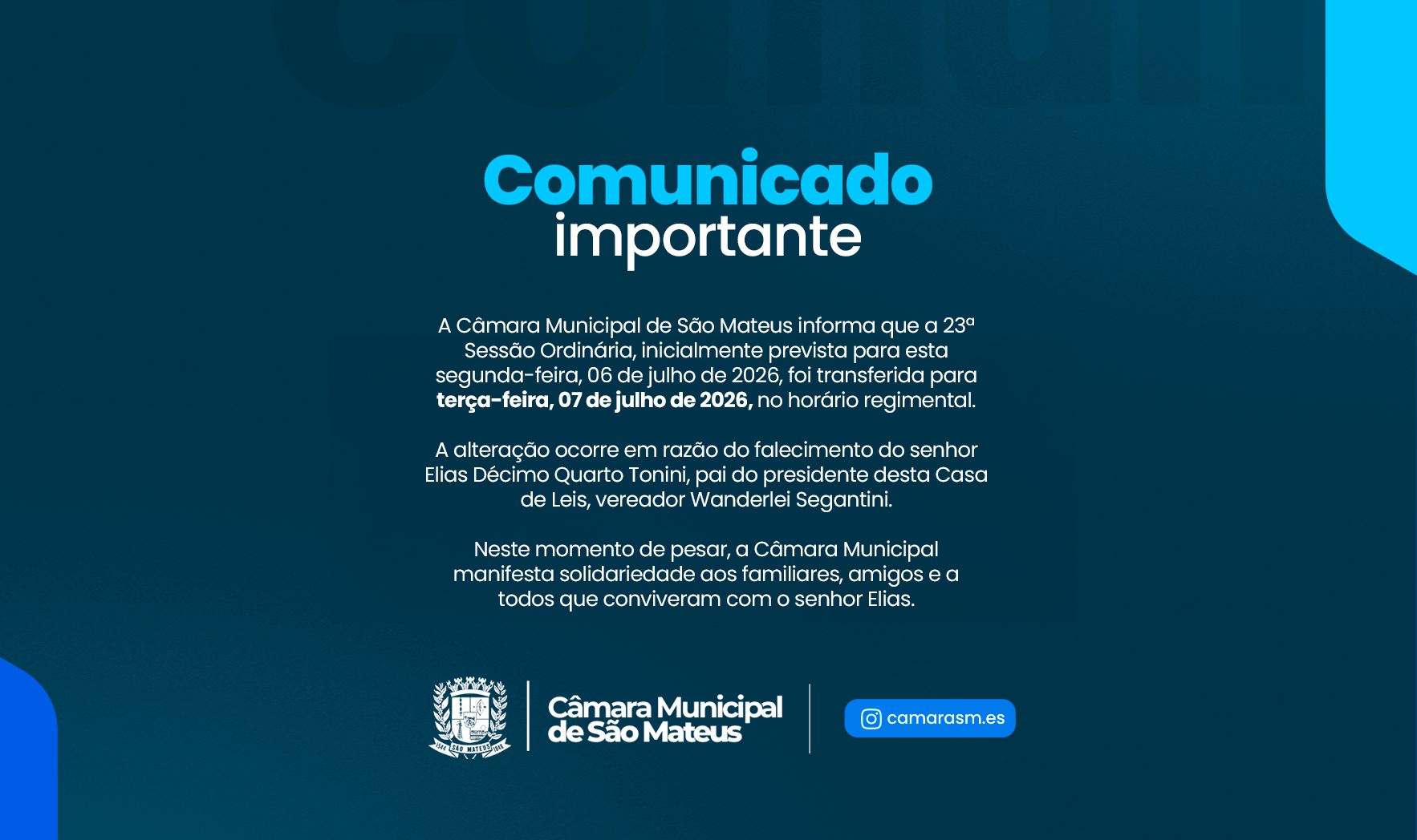 Imagem da notícia: Câmara Municipal altera data da 23ª Sessão Ordinária